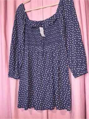American Eagle Outfitters Navy Blue Floral Smocked Peasant Top